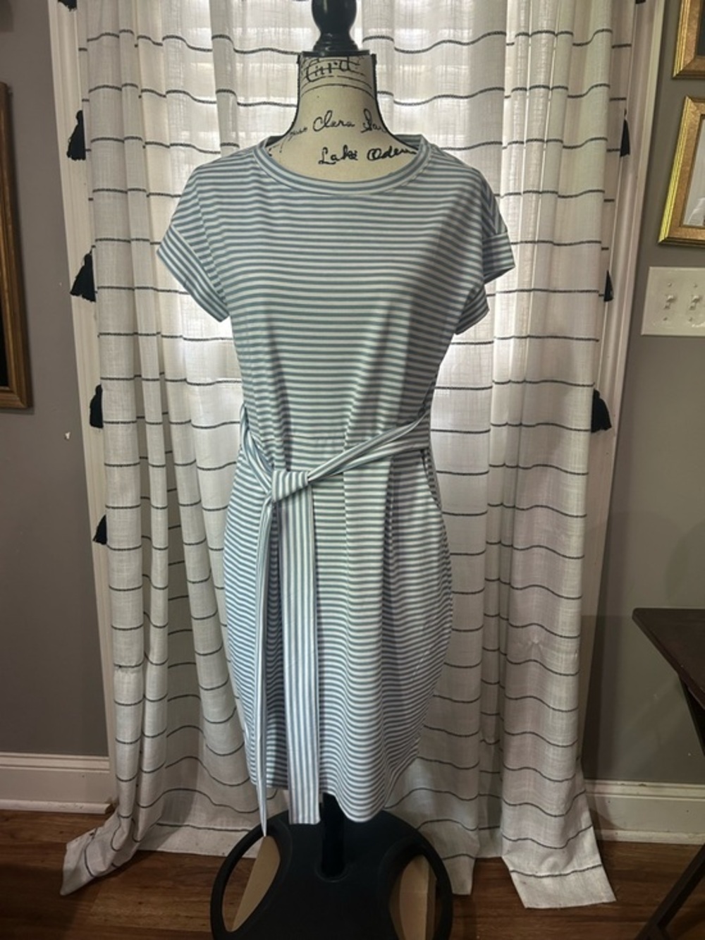 Striped Tie-Waist Midi Dress in Light Blue and White